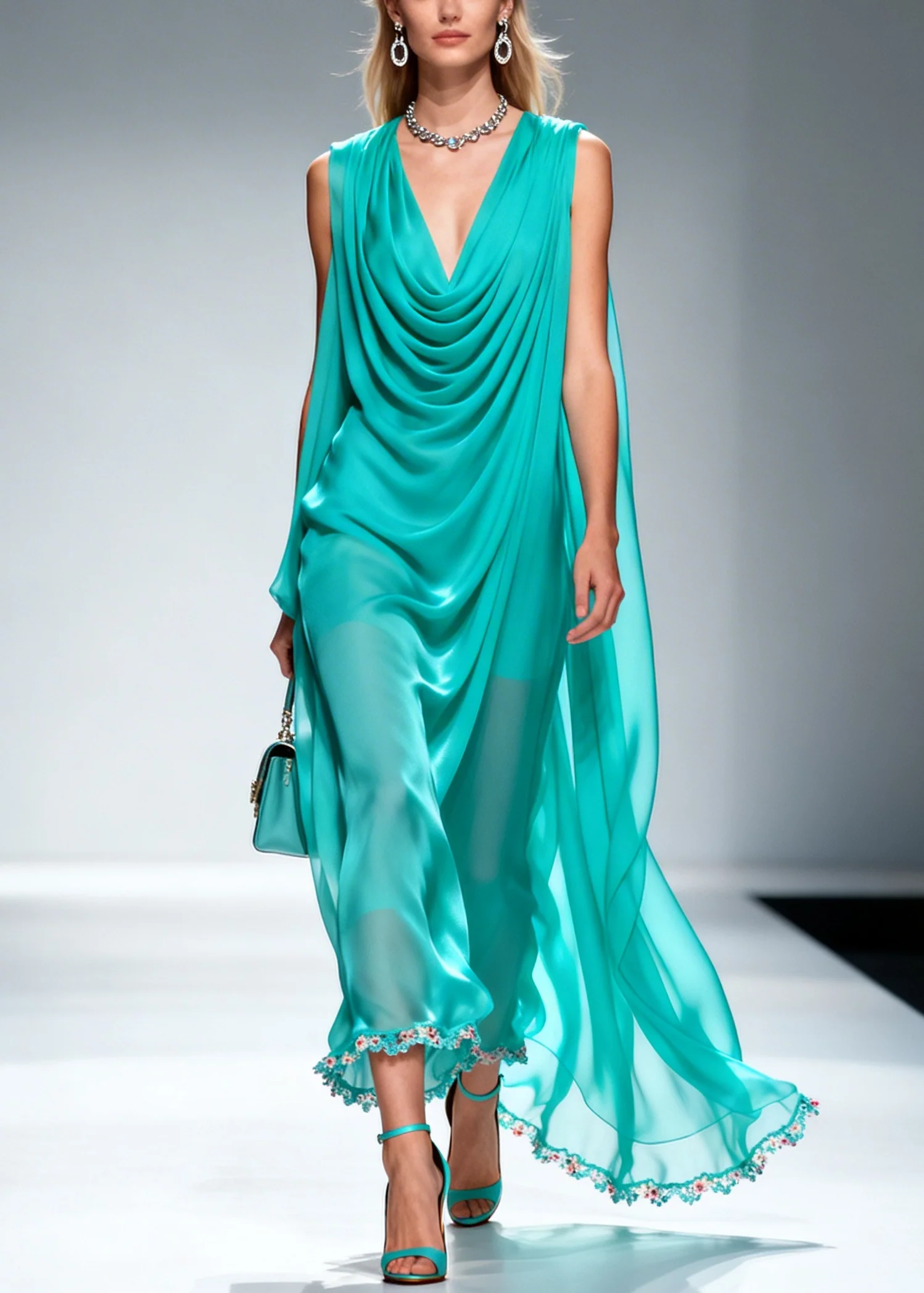 Elegant Blue Wrinkled Draping Chiffon Long Dress Summer - Image 5