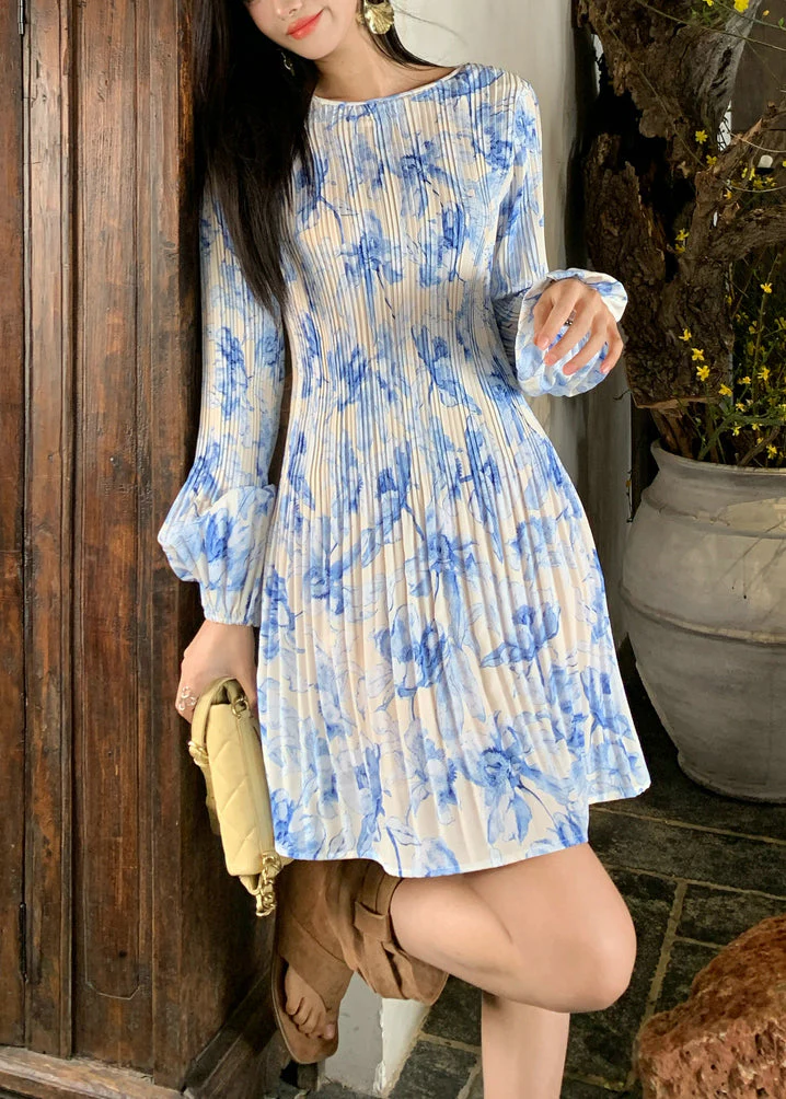 Elegant Blue Wrinkled Print Cotton Dress Flare Sleeve - Image 2