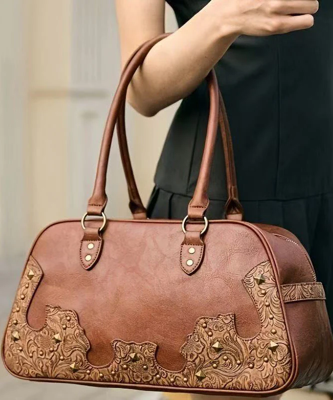 Elegant Brown Appliqued Rivet Faux Leather Shoulder Bags - Image 2