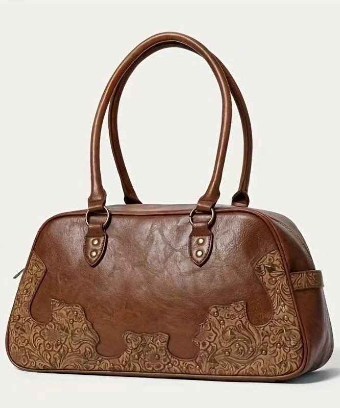 Elegant Brown Appliqued Rivet Faux Leather Shoulder Bags - Image 5