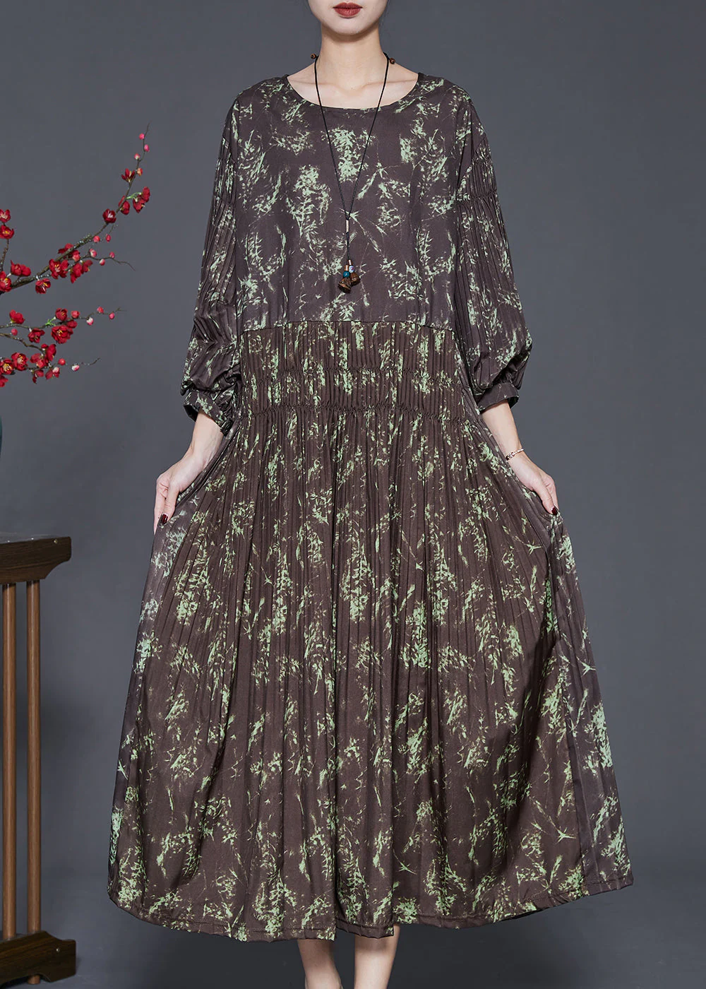 Elegant Brown Elastic Waist Print Cotton Long Dress Spring - Image 2