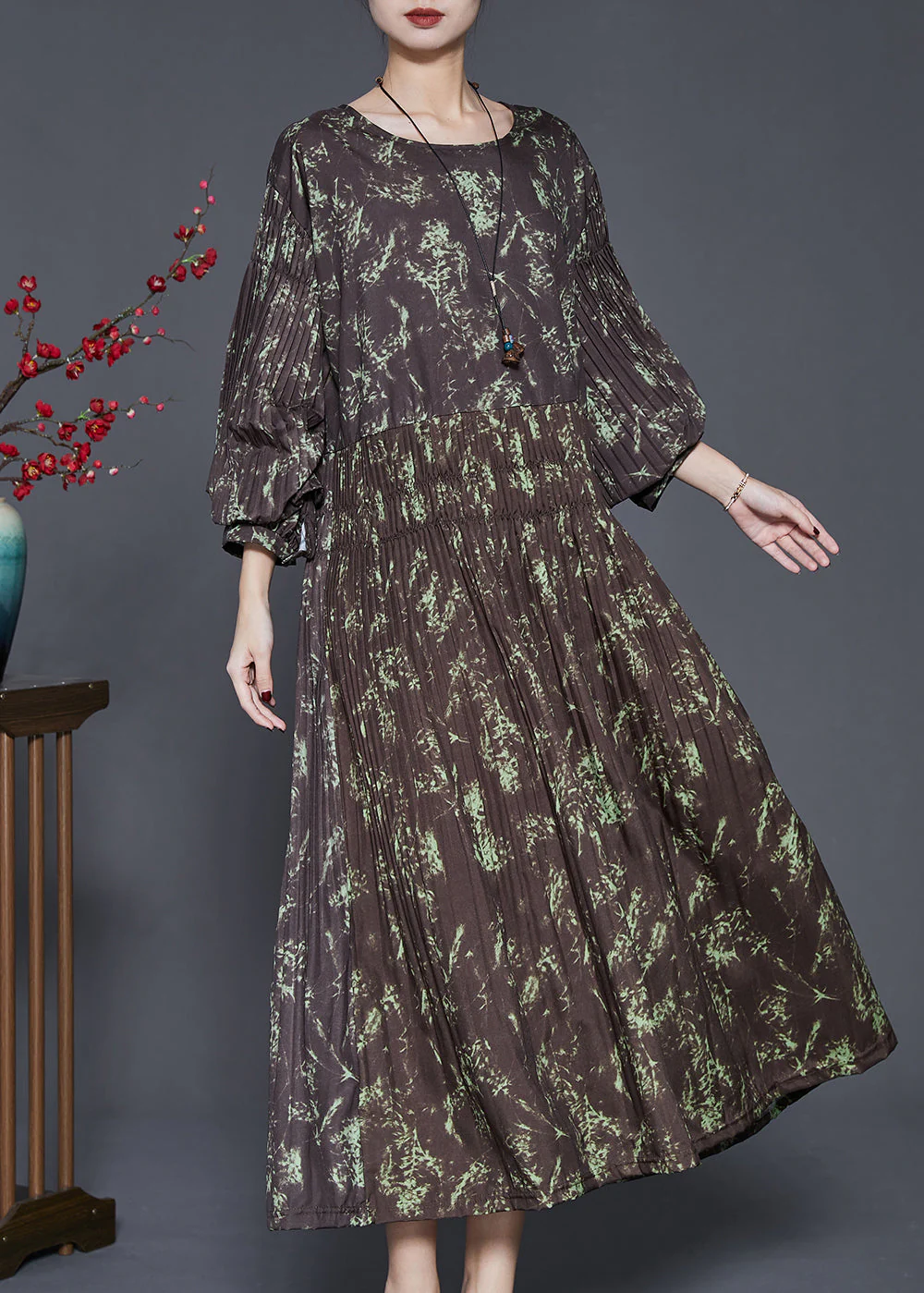 Elegant Brown Elastic Waist Print Cotton Long Dress Spring - Image 3