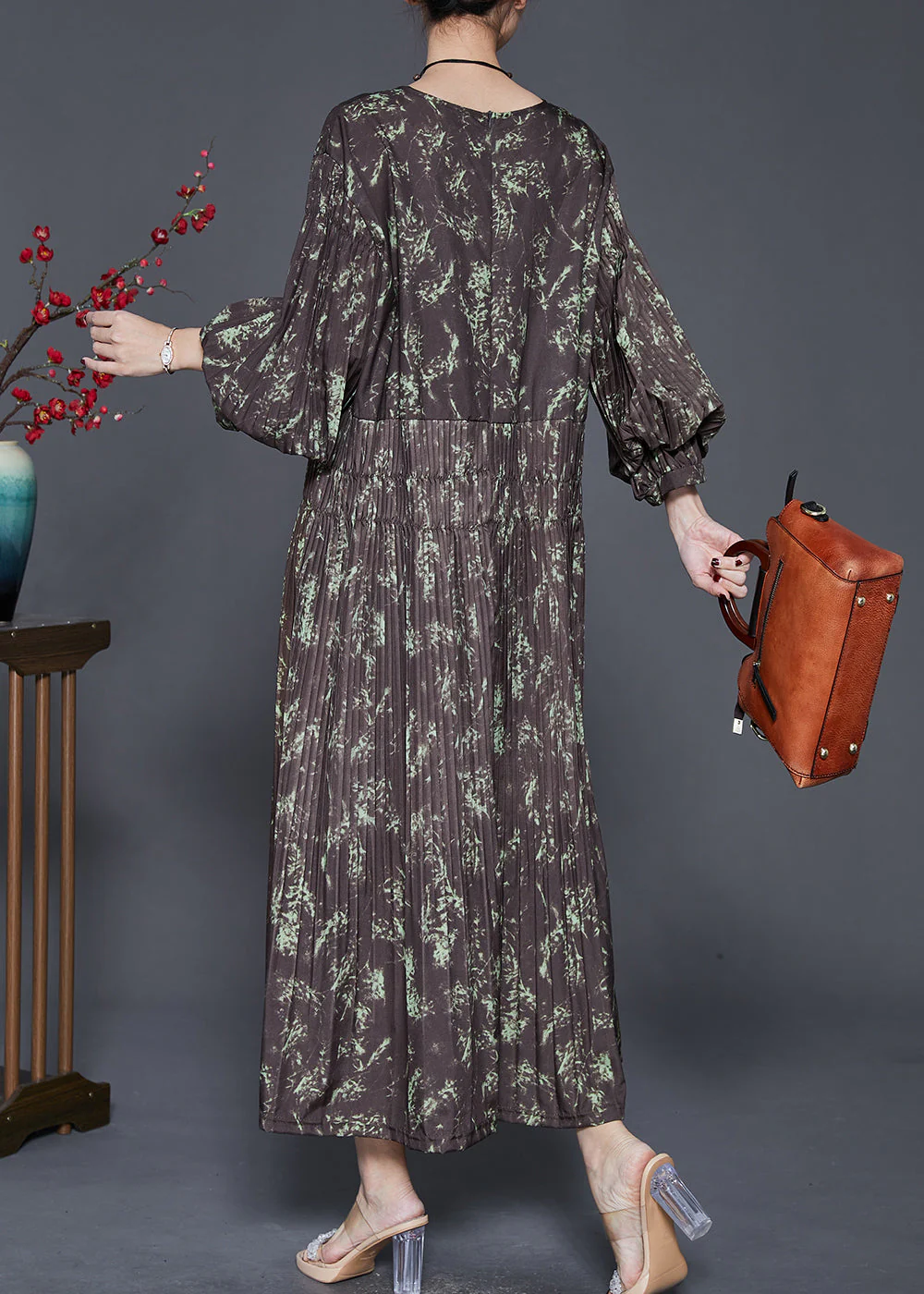 Elegant Brown Elastic Waist Print Cotton Long Dress Spring - Image 4