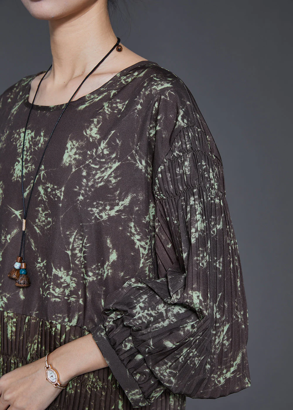 Elegant Brown Elastic Waist Print Cotton Long Dress Spring - Image 5