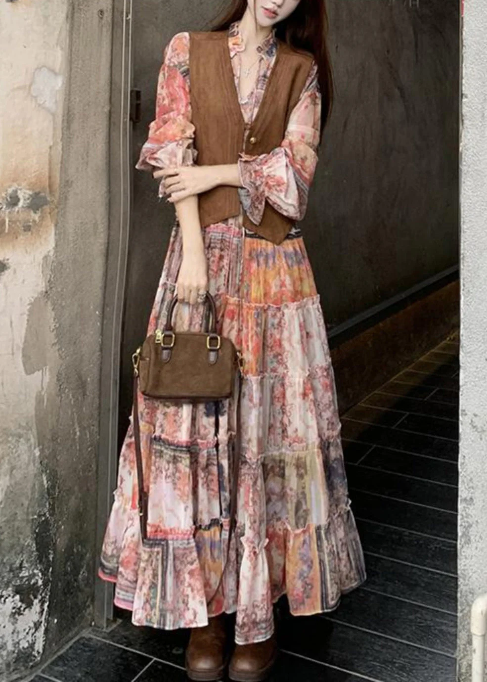 Elegant Brown Faux Suede Waistcoat And Ruffled Dress Two-Piece Set Spring - Image 3
