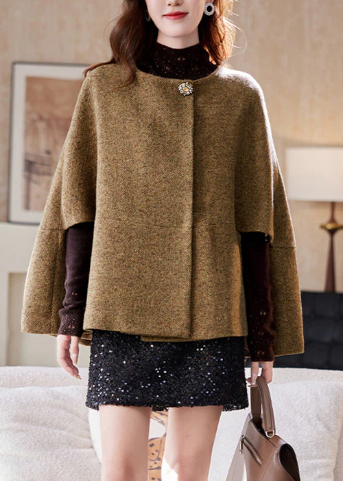 Elegant Brown O-Neck Button Woolen Coats Batwing Sleeve - Image 2