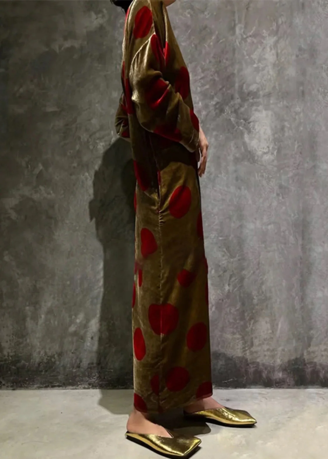 Elegant Brown O Neck Print Pockets Silk Velvet Dress Long Sleeve - Image 2