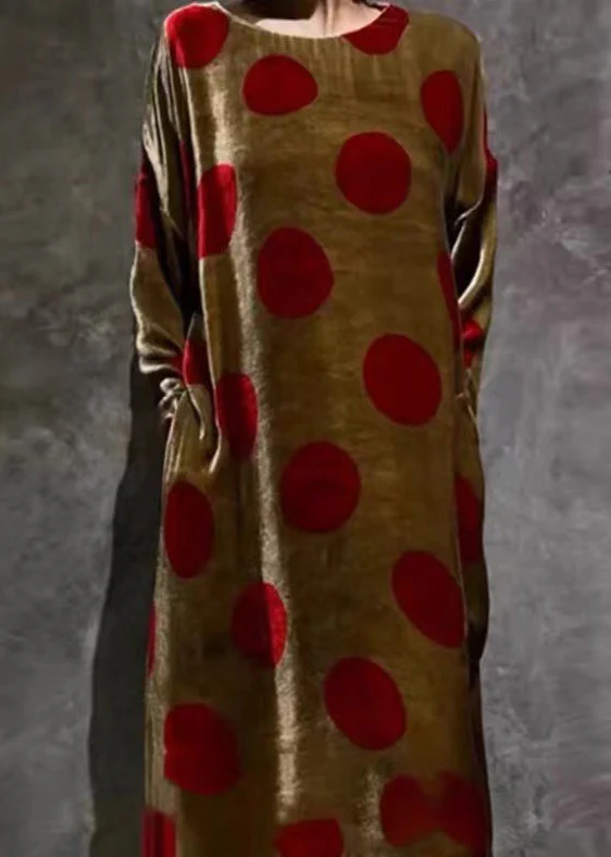 Elegant Brown O Neck Print Pockets Silk Velvet Dress Long Sleeve - Image 3