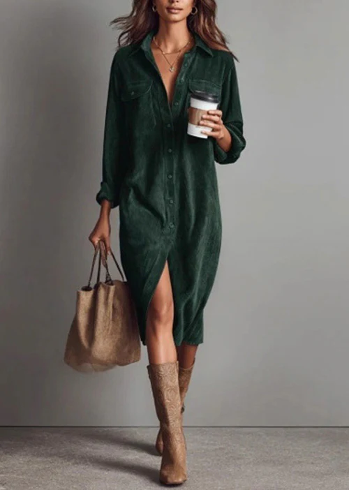 Elegant Brown Peter Pan Collar Corduroy Shirts Dress Spring - Image 3