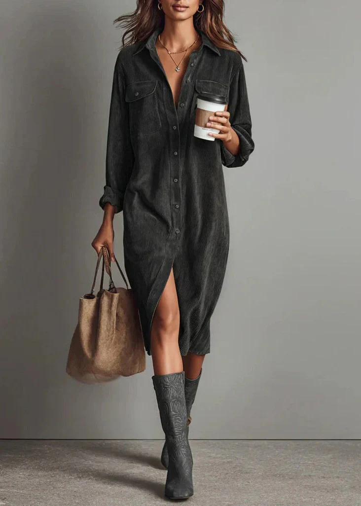 Elegant Brown Peter Pan Collar Corduroy Shirts Dress Spring - Image 4