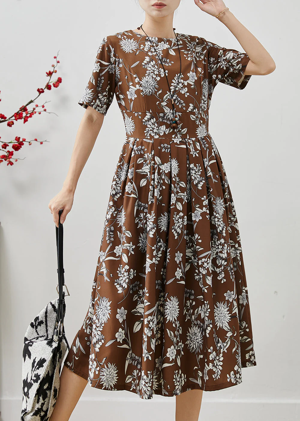 Elegant Brown Print Silm Fit Cotton Long Dresses Summer - Image 2