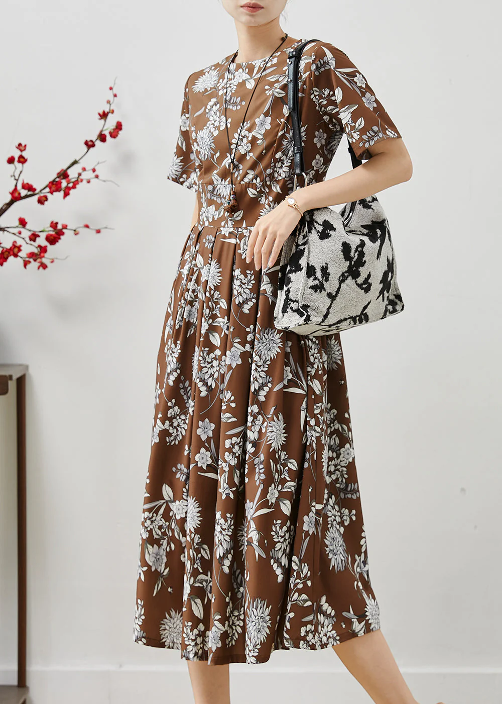 Elegant Brown Print Silm Fit Cotton Long Dresses Summer - Image 3