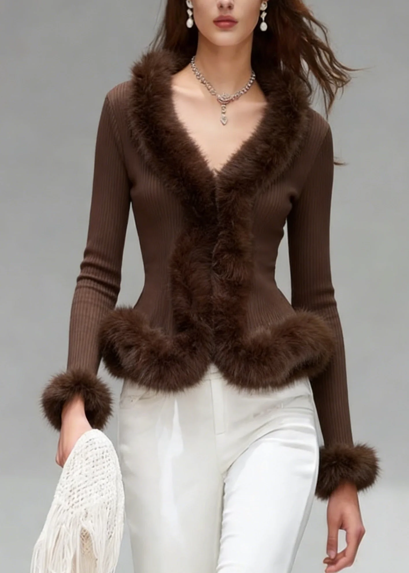 Elegant Brown V Neck Fuzzy Fur Patchwork Knit Top Spring - Image 3