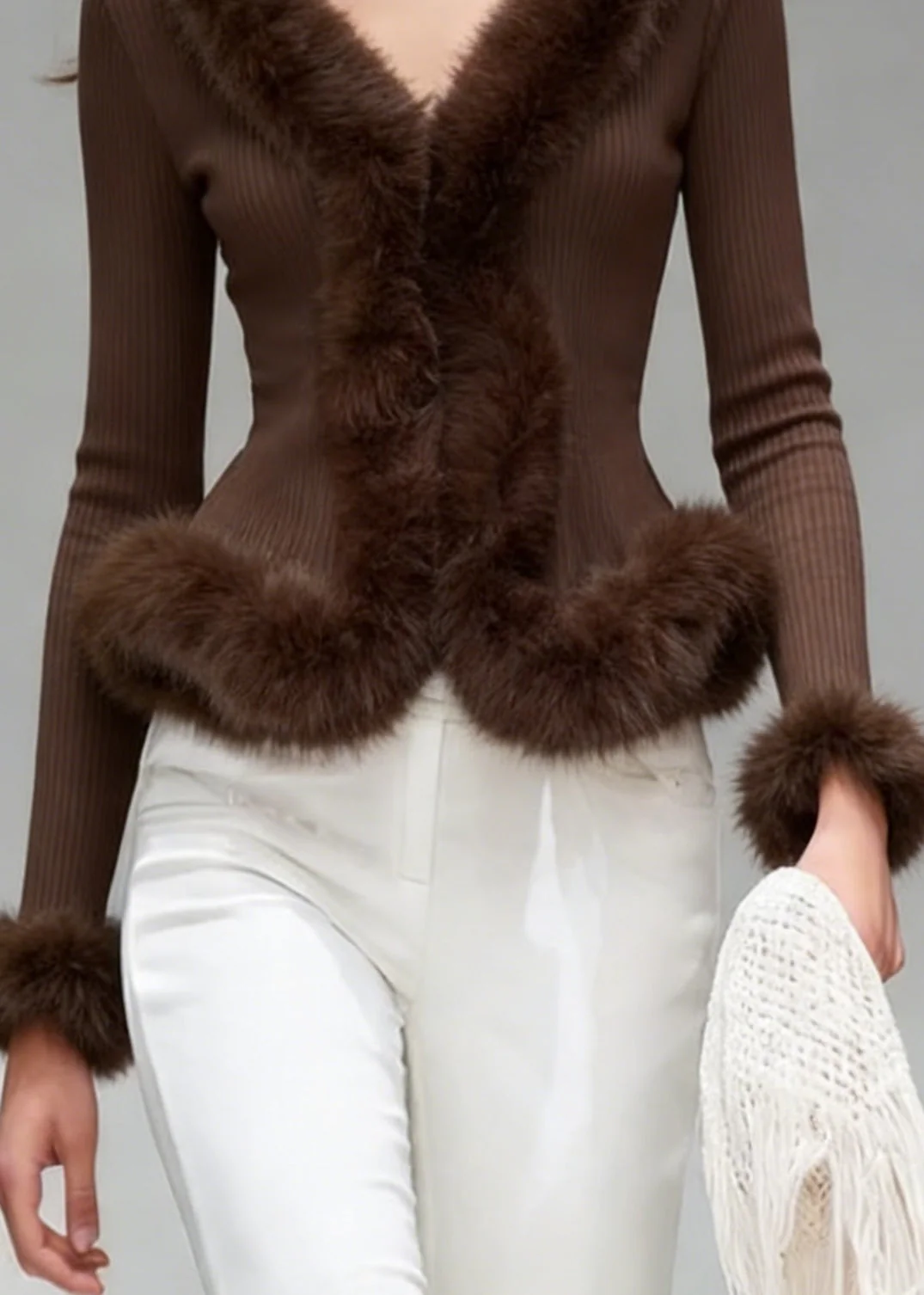 Elegant Brown V Neck Fuzzy Fur Patchwork Knit Top Spring - Image 4