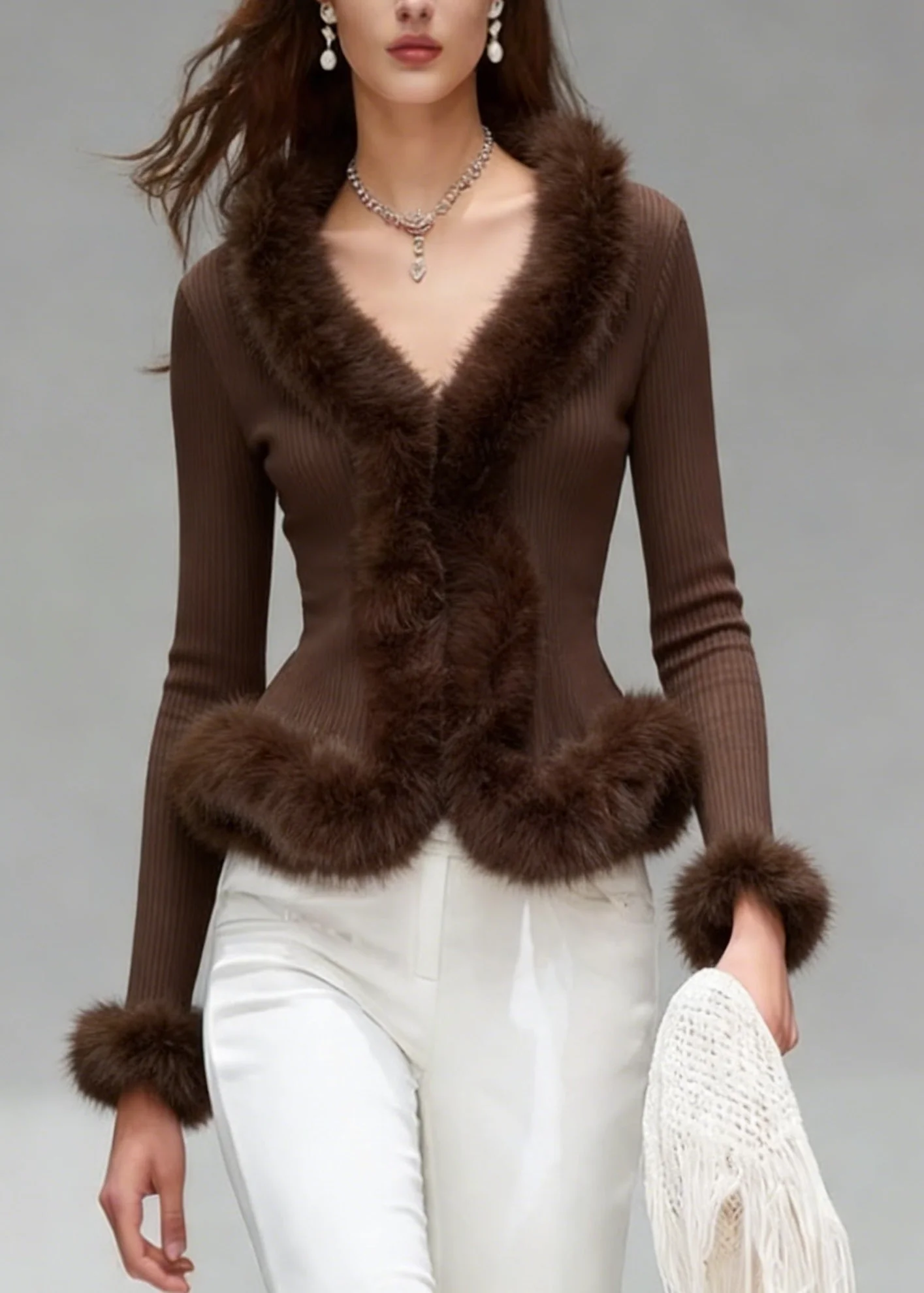 Elegant Brown V Neck Fuzzy Fur Patchwork Knit Top Spring - Image 5