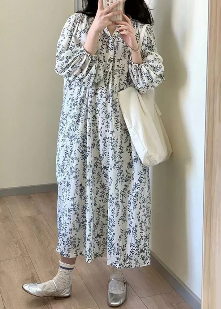Elegant Button Print Tie Waist Cotton Long Dress Summer - Image 3