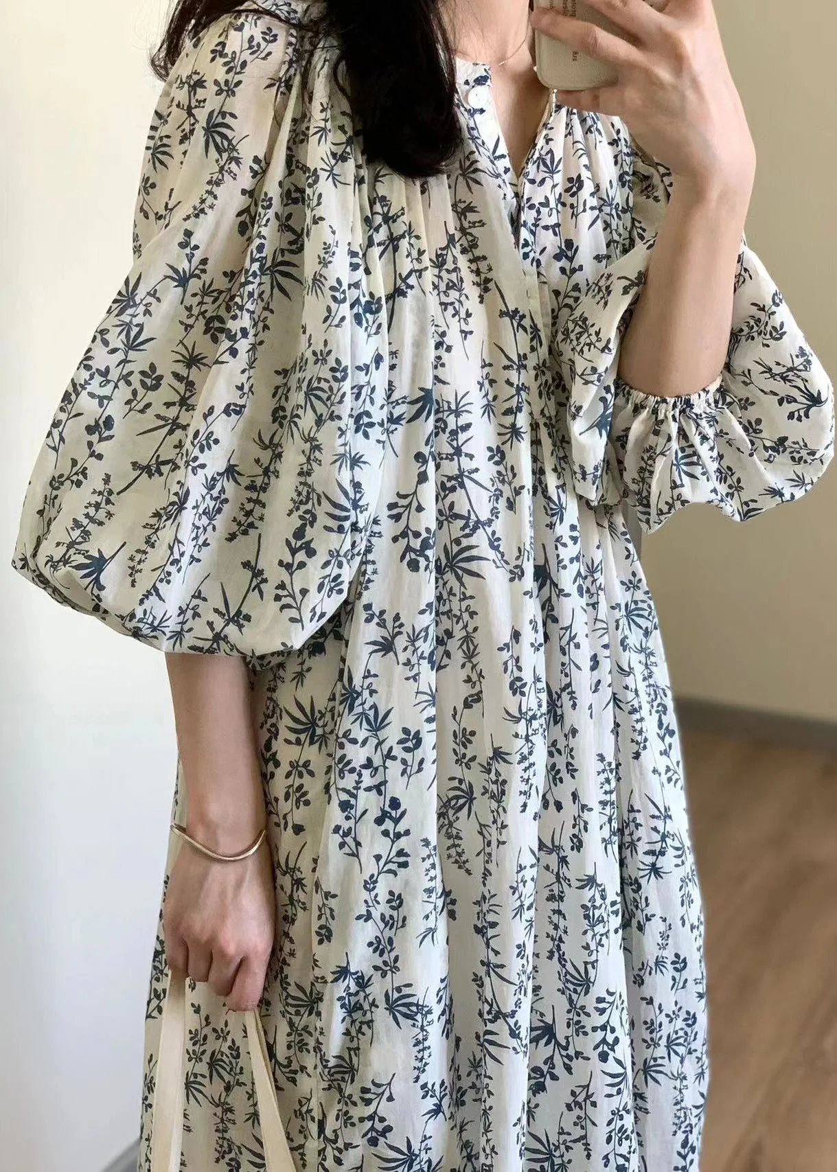 Elegant Button Print Tie Waist Cotton Long Dress Summer - Image 5