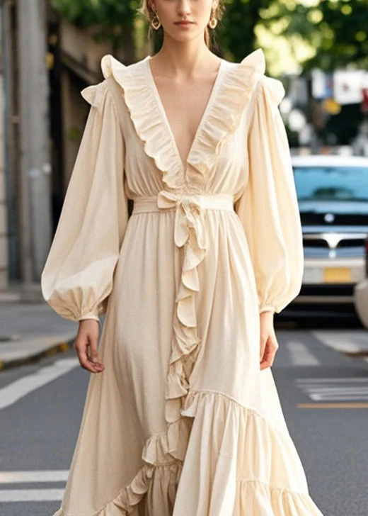Elegant Champagne Color Ruffled Exra Large Hem Long Dress Spring - Image 2