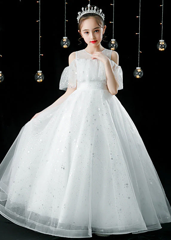 Elegant Champagne O-Neck Patchwork Sequins Tulle Kids Maxi Dress Summer - Image 2