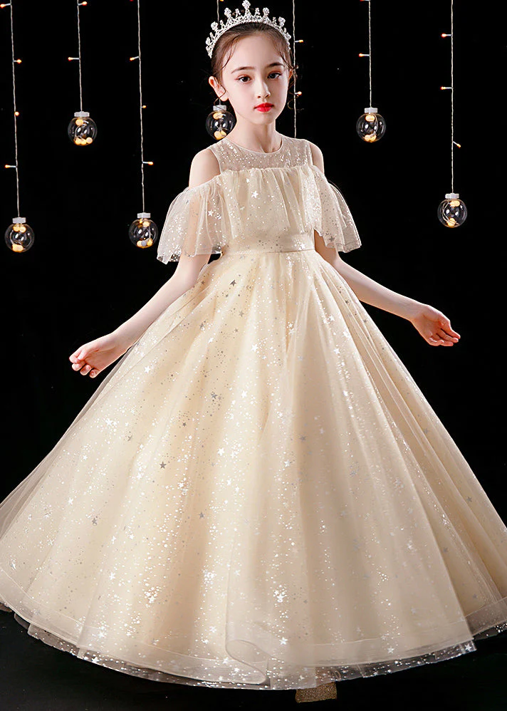 Elegant Champagne O-Neck Patchwork Sequins Tulle Kids Maxi Dress Summer - Image 3