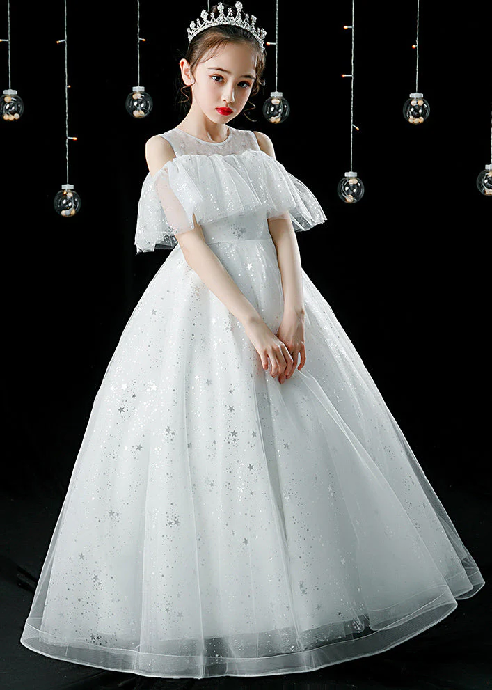 Elegant Champagne O-Neck Patchwork Sequins Tulle Kids Maxi Dress Summer - Image 4