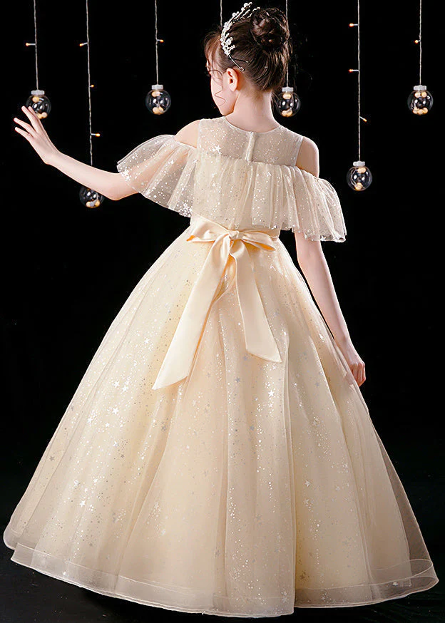 Elegant Champagne O-Neck Patchwork Sequins Tulle Kids Maxi Dress Summer - Image 5