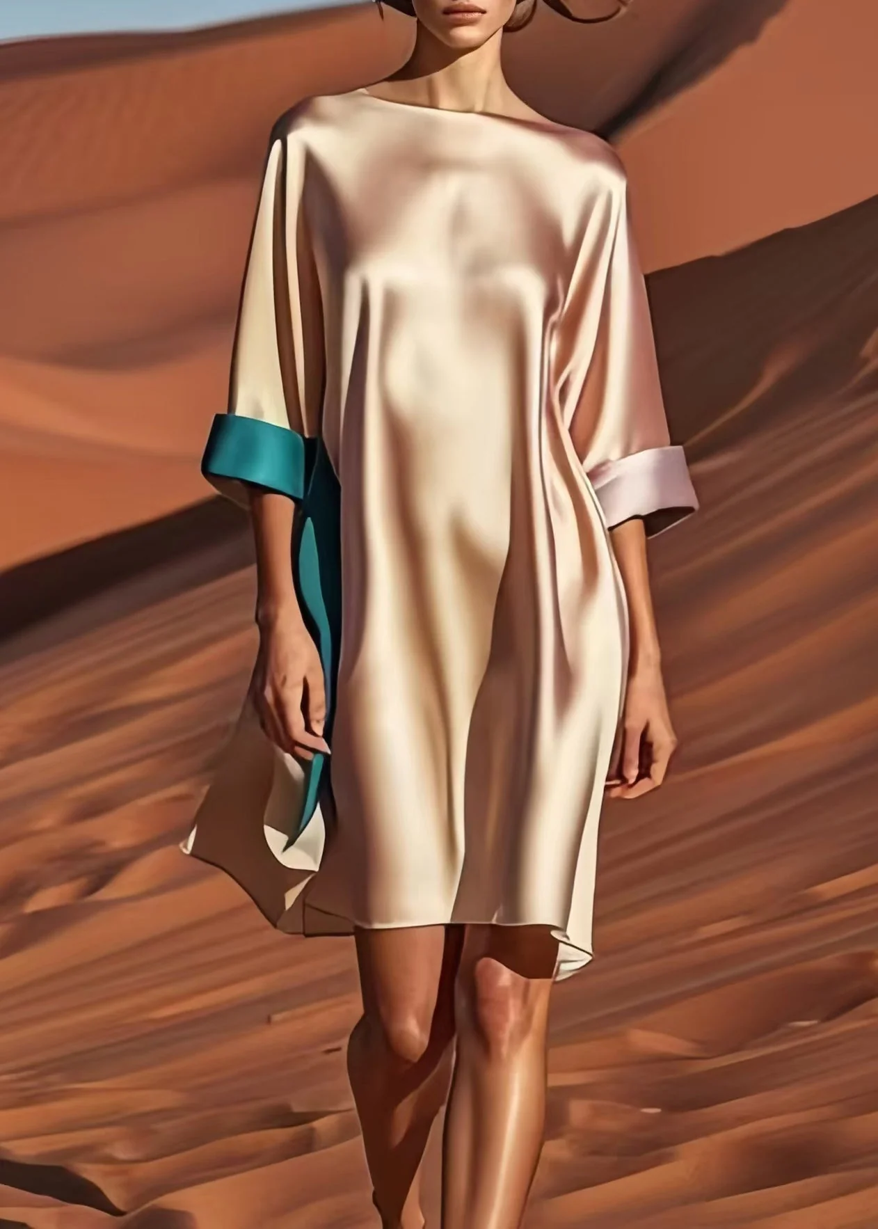 Elegant Champagne Patchwork Draping Silk Tea Dress Summer - Image 2