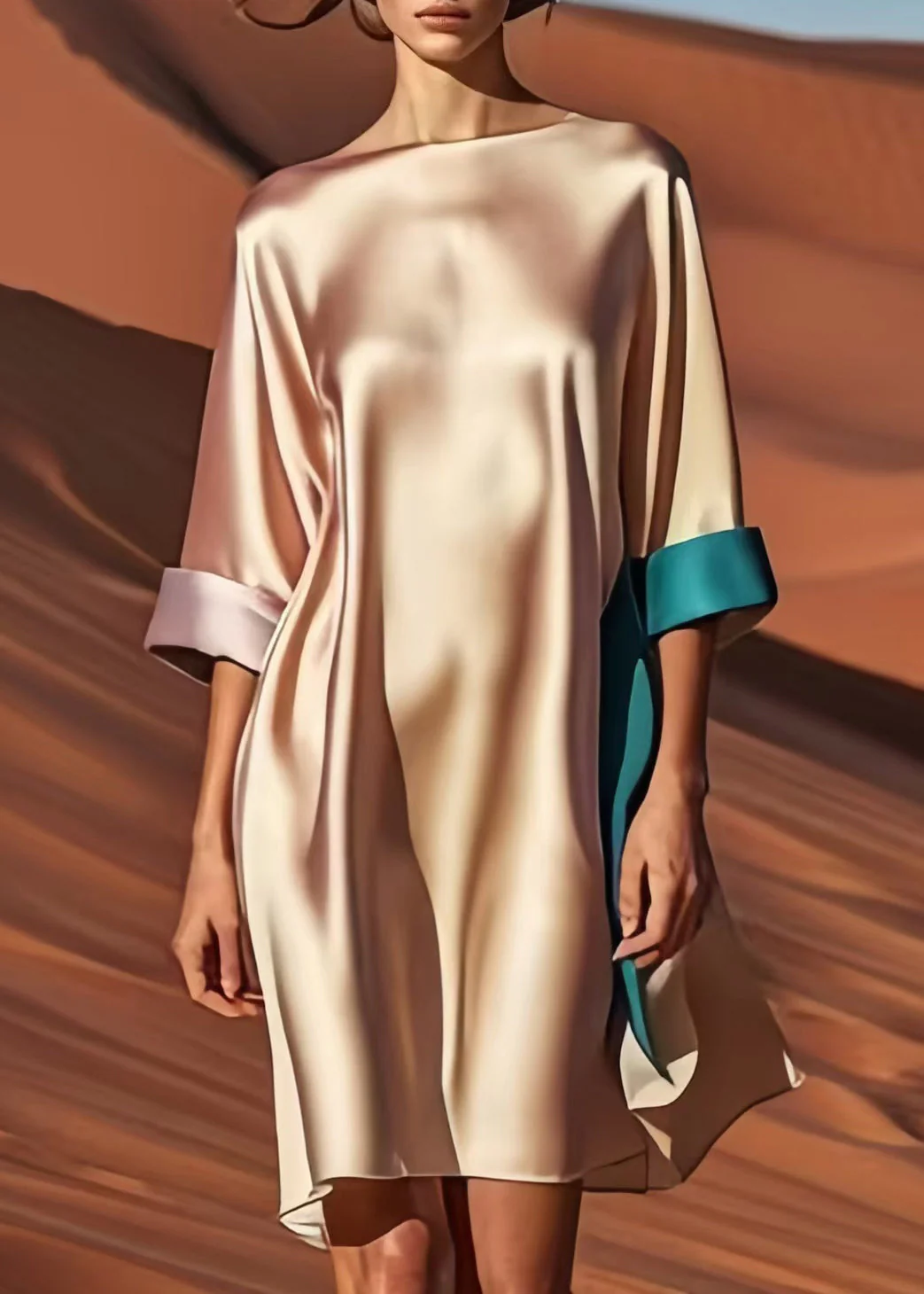 Elegant Champagne Patchwork Draping Silk Tea Dress Summer - Image 4