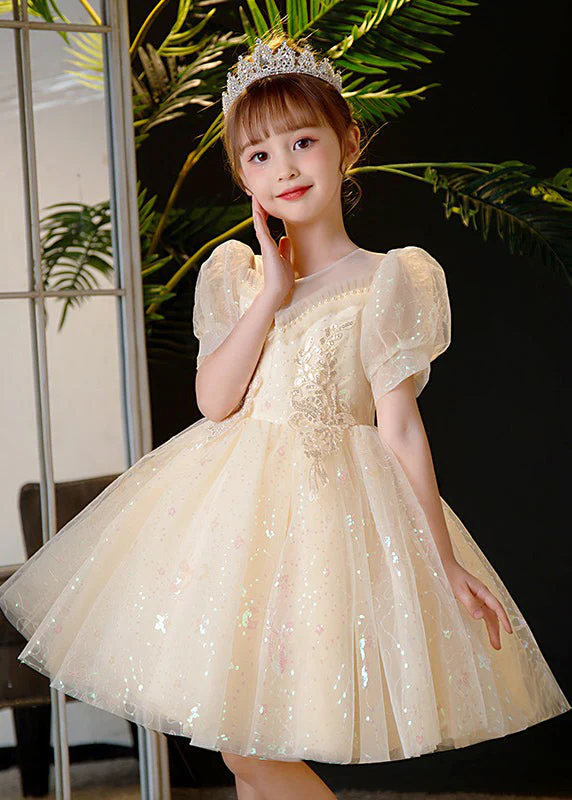 Elegant Champagne Sequins Patchwork Nail Bead Tulle Kids Mid Dress Summer - Image 3