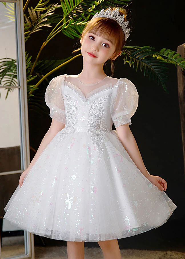 Elegant Champagne Sequins Patchwork Nail Bead Tulle Kids Mid Dress Summer - Image 4