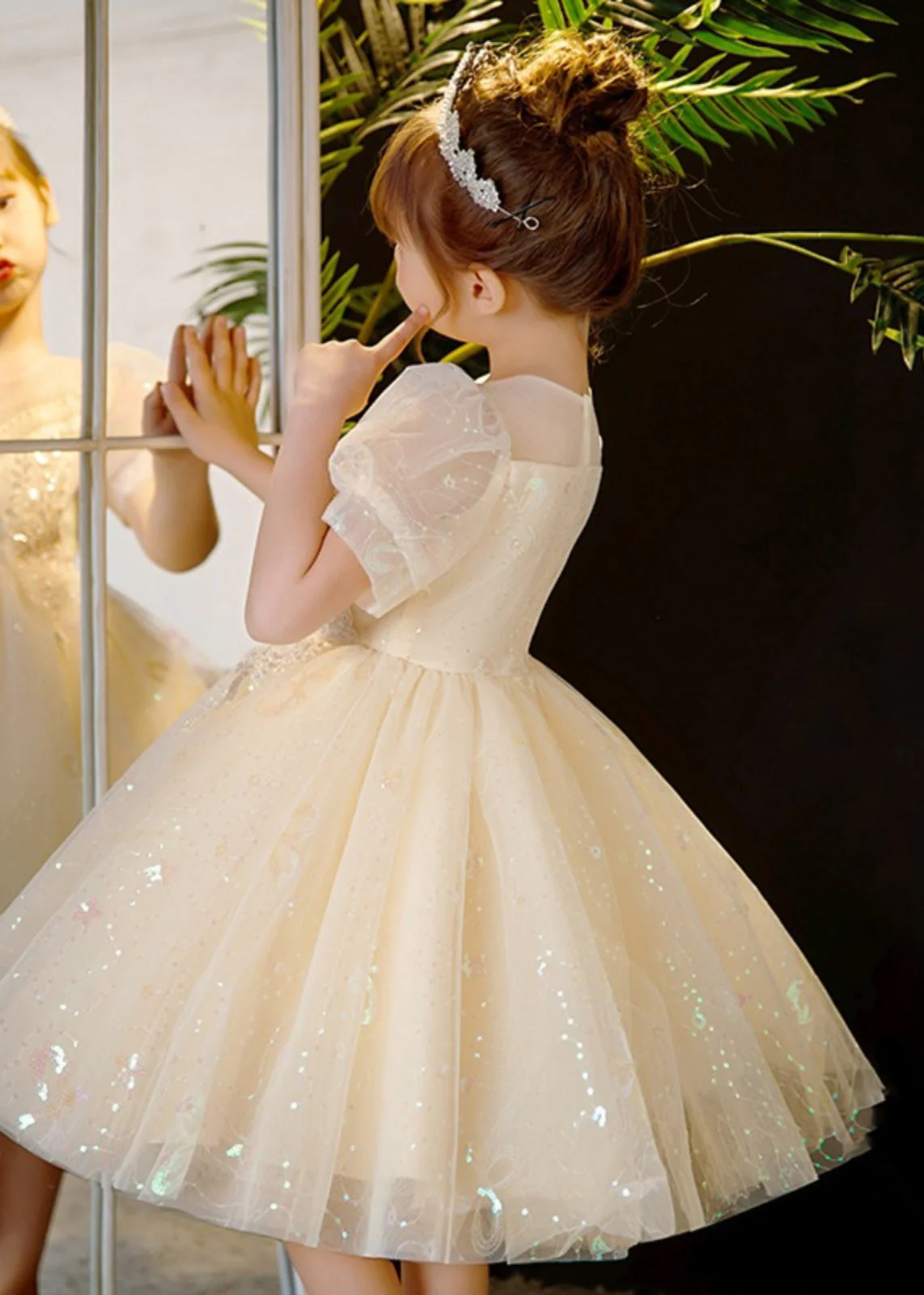 Elegant Champagne Sequins Patchwork Nail Bead Tulle Kids Mid Dress Summer - Image 5