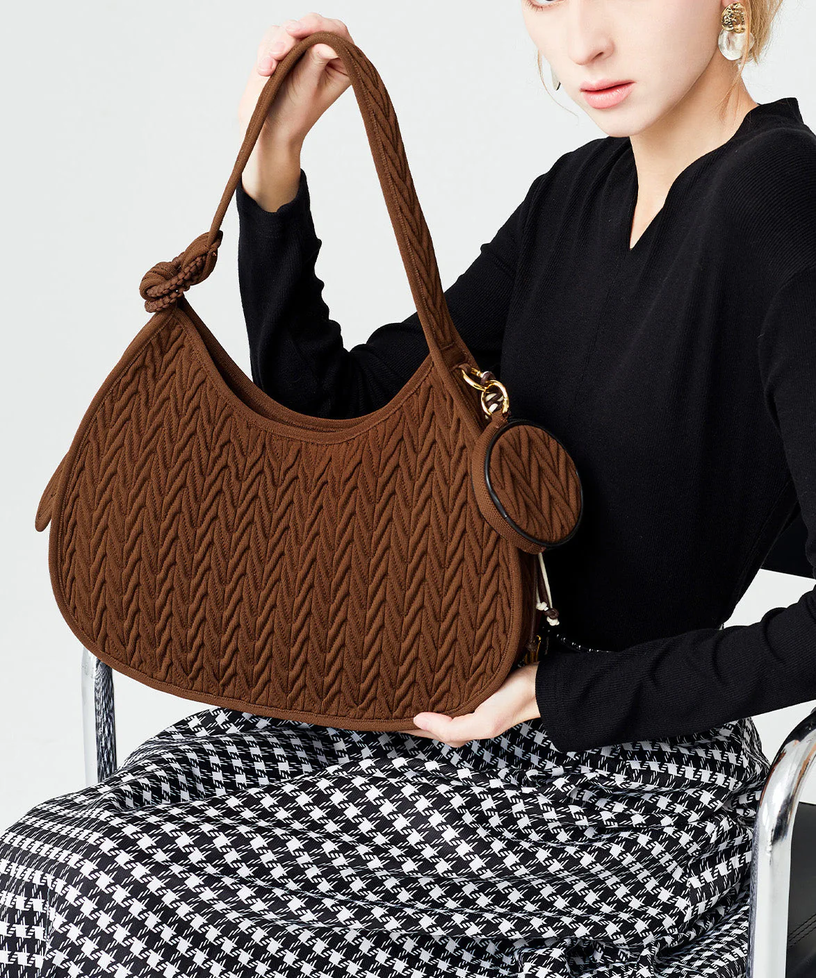 Elegant Chocolate Striped Solid Durable Cotton Hobo Bag