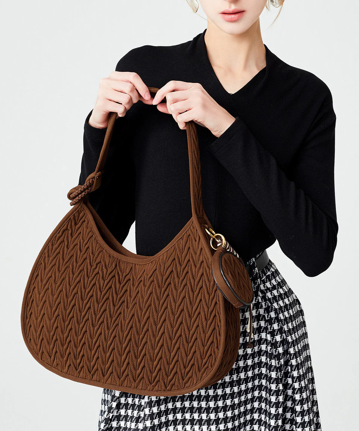 Elegant Chocolate Striped Solid Durable Cotton Hobo Bag - Image 2