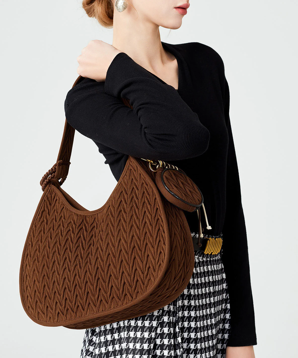 Elegant Chocolate Striped Solid Durable Cotton Hobo Bag - Image 5