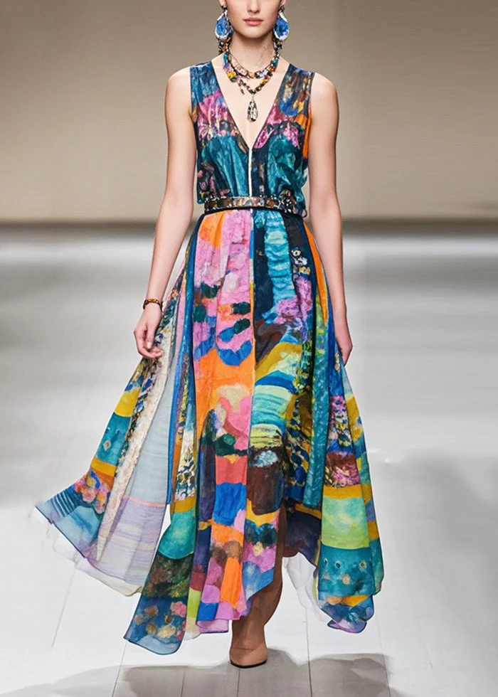 Elegant Cinched Print Exra Large Hem Chiffon Dresses Sleeveless - Image 3