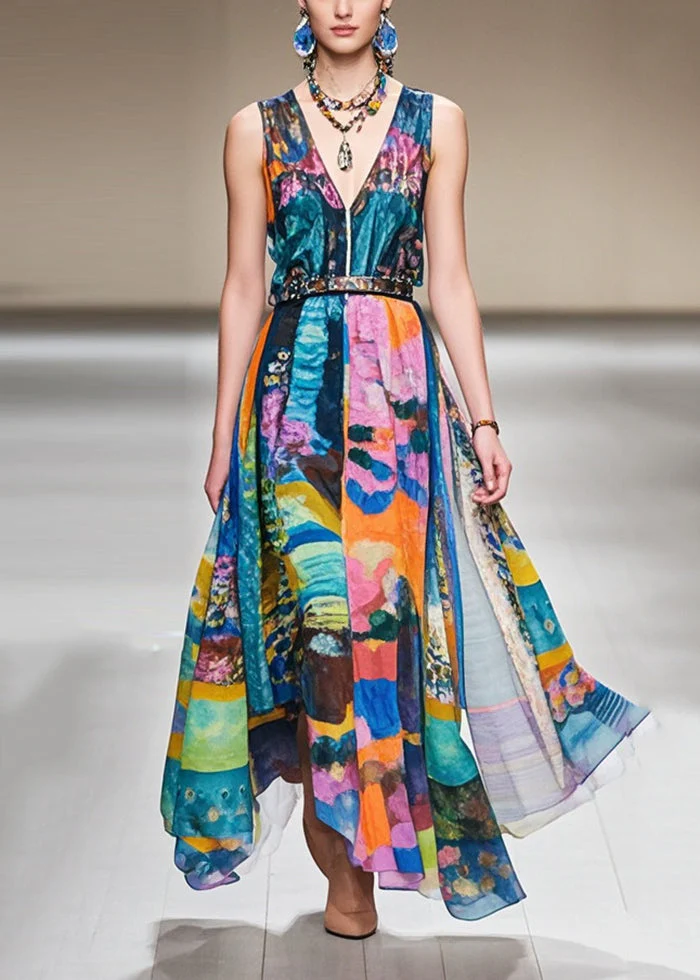 Elegant Cinched Print Exra Large Hem Chiffon Dresses Sleeveless - Image 5