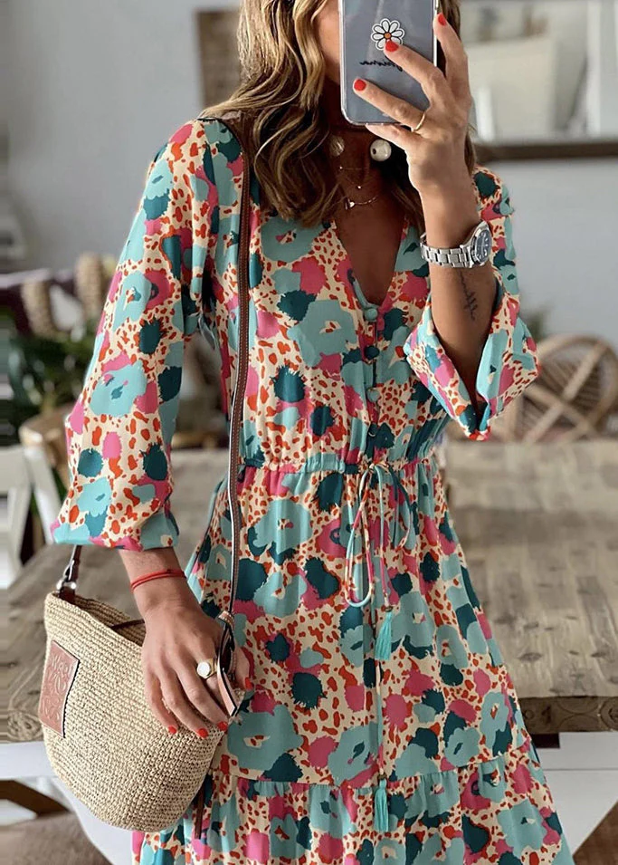 Elegant Cinched Print Exra Large Hem Cotton Ankle Dress Summer - Image 5