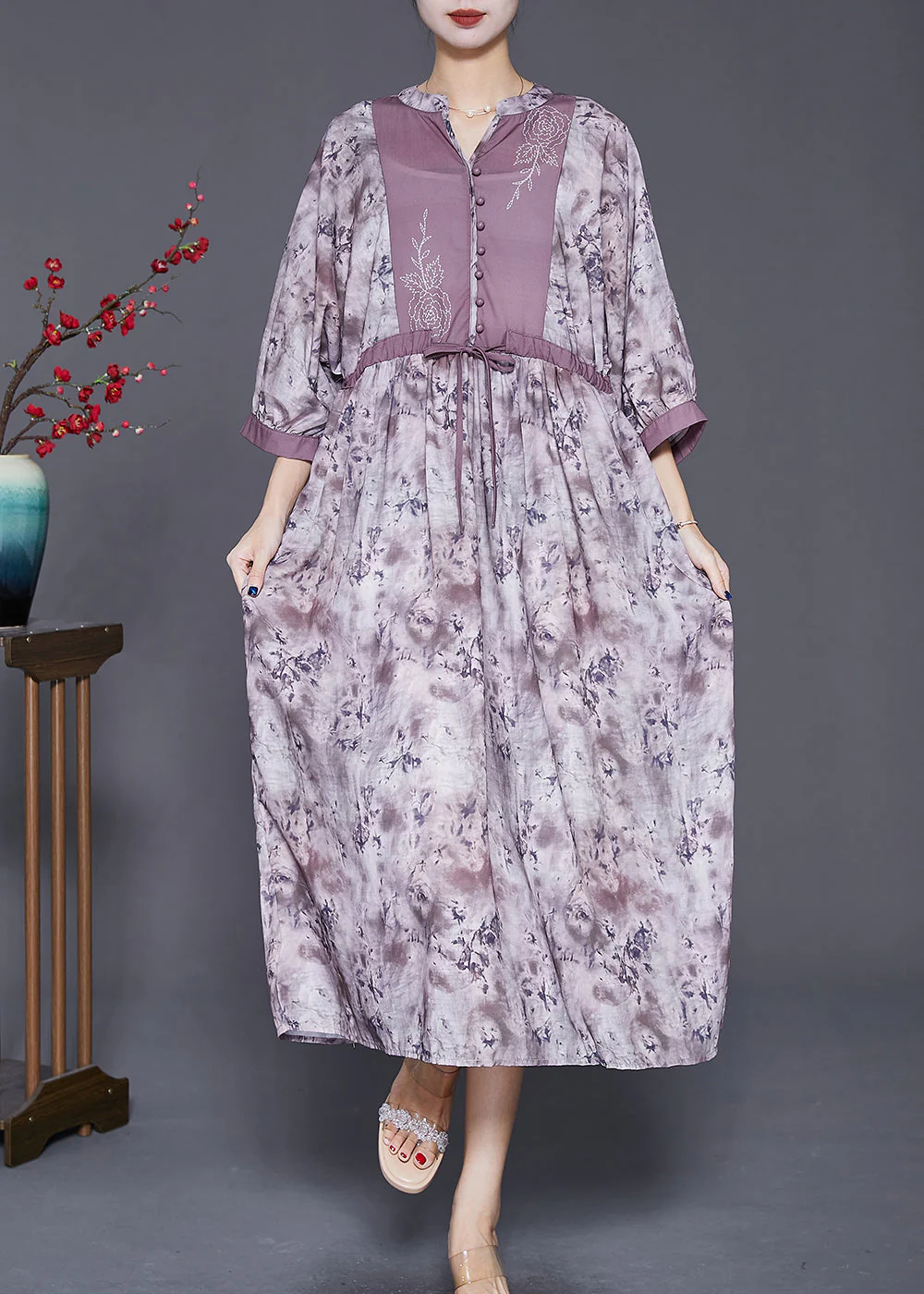 Elegant Cinched Tie Dye Cotton Long Dresses Bracelet Sleeve - Image 2