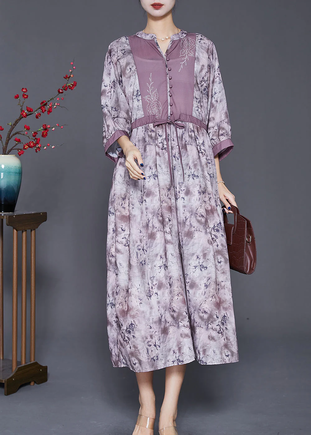Elegant Cinched Tie Dye Cotton Long Dresses Bracelet Sleeve - Image 3