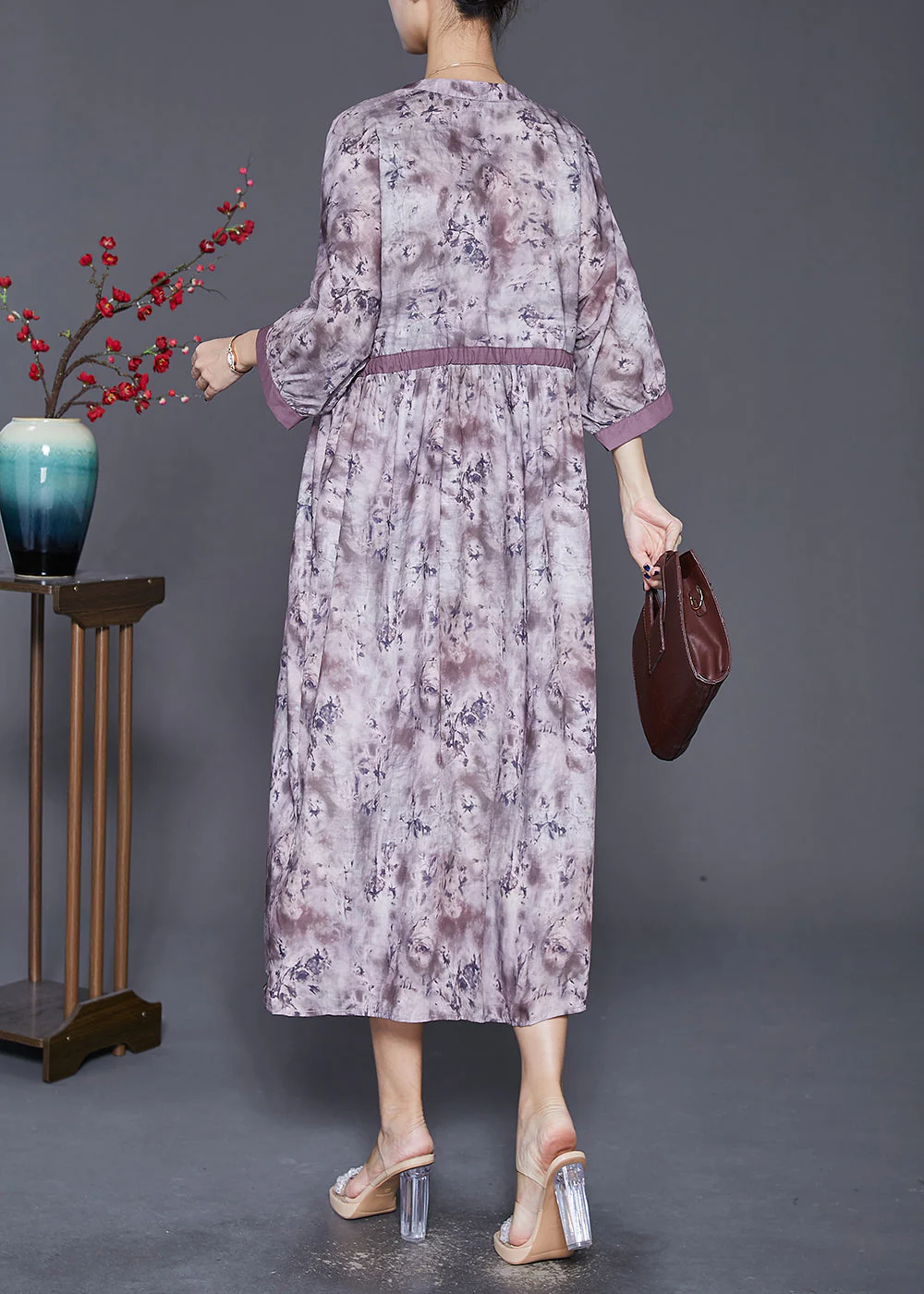 Elegant Cinched Tie Dye Cotton Long Dresses Bracelet Sleeve - Image 4