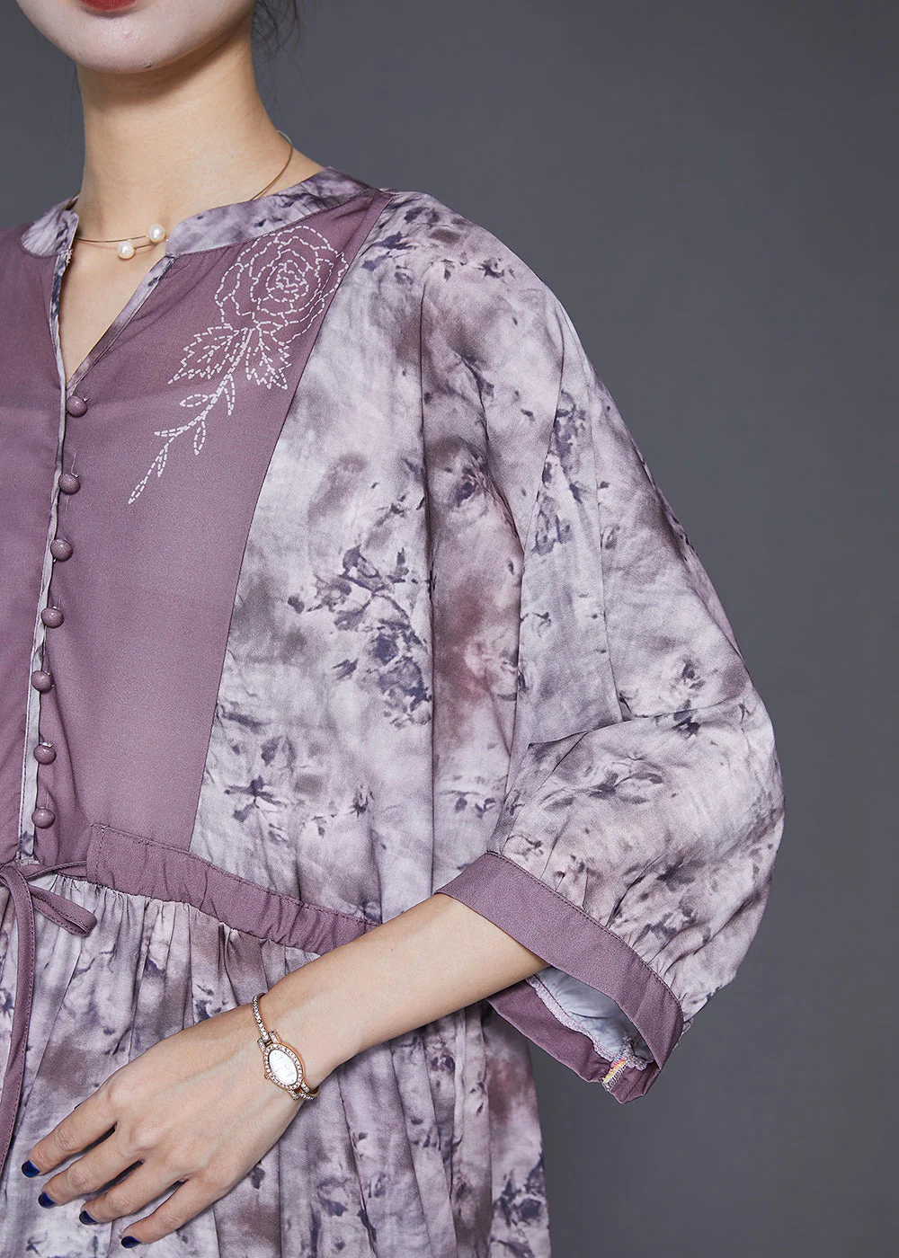 Elegant Cinched Tie Dye Cotton Long Dresses Bracelet Sleeve - Image 5
