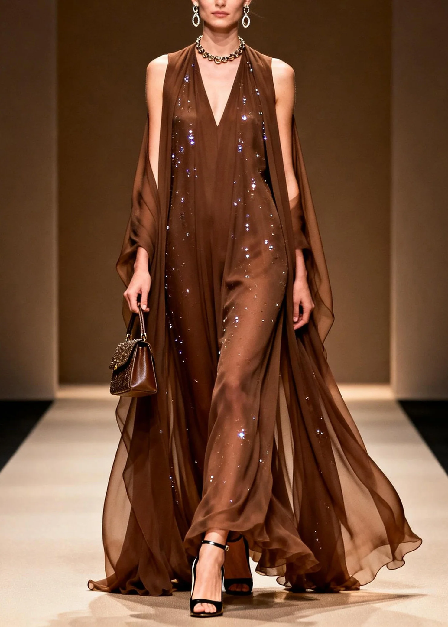 Elegant Coffee Cold Shoulder Zircon Chiffon Maxi Dresses Sleeveless - Image 3