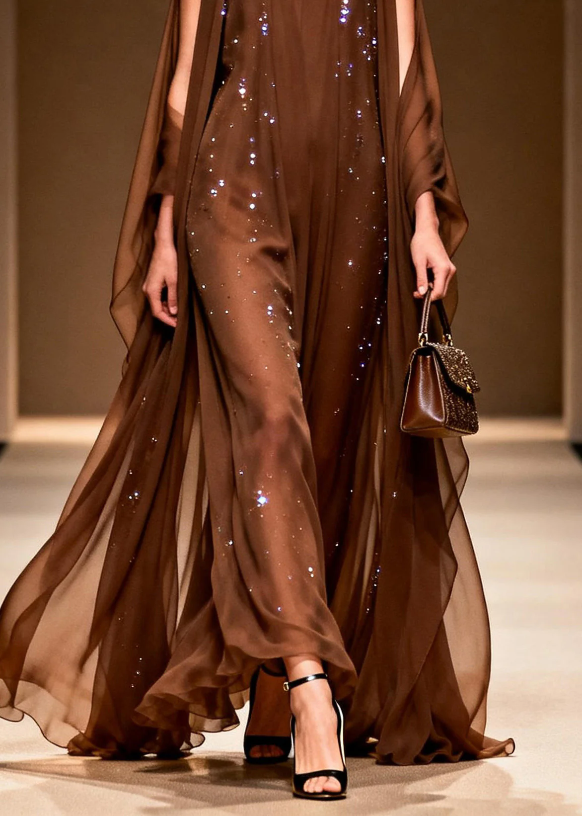 Elegant Coffee Cold Shoulder Zircon Chiffon Maxi Dresses Sleeveless - Image 4