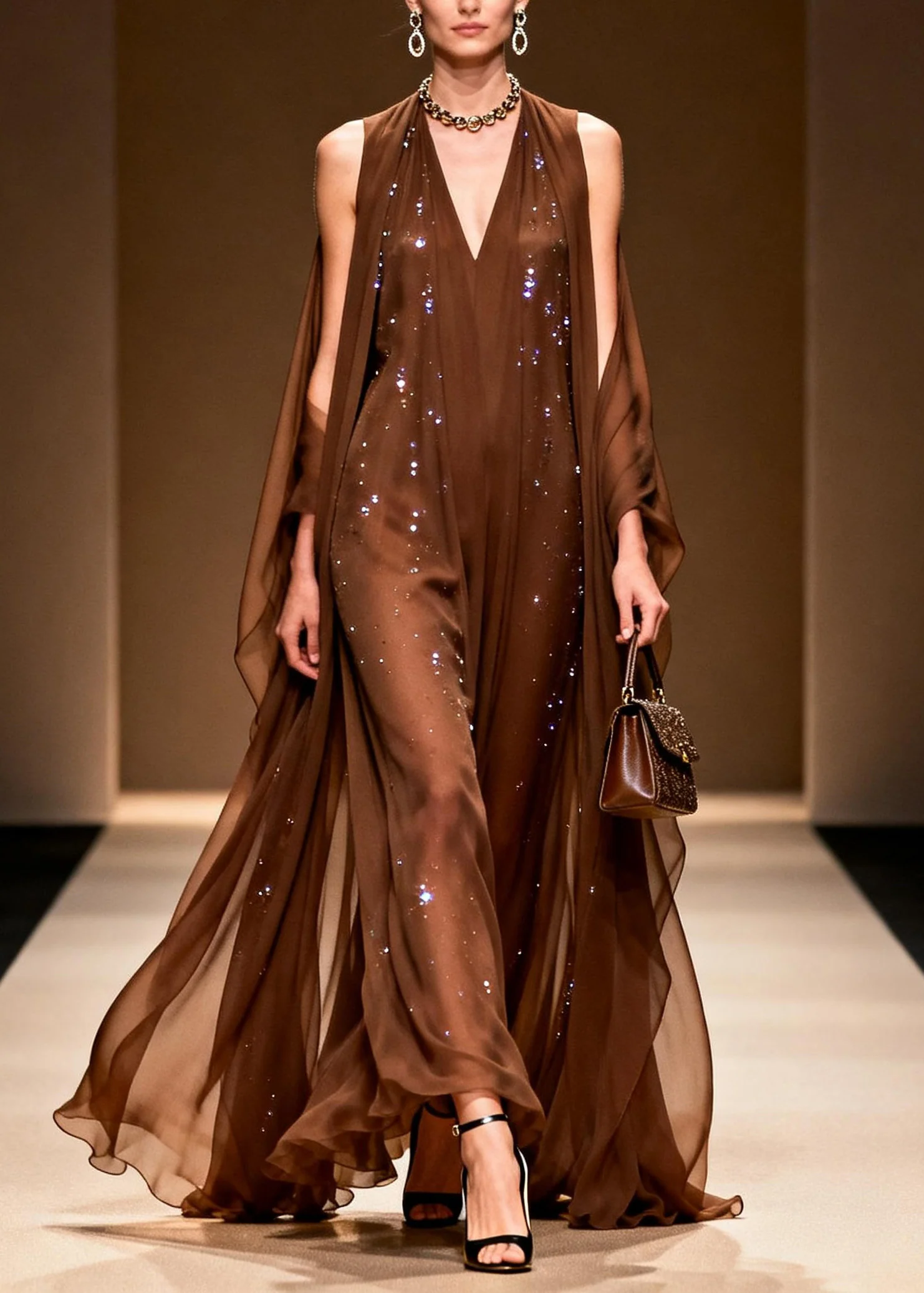 Elegant Coffee Cold Shoulder Zircon Chiffon Maxi Dresses Sleeveless - Image 5