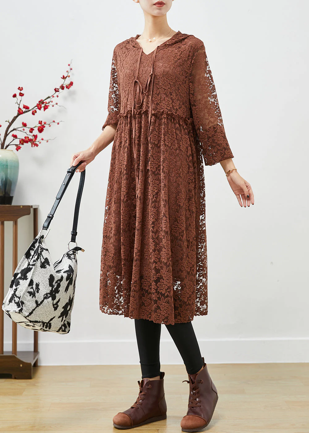 Elegant Coffee Hooded Ruffled Lace Dresses Fall - Image 3
