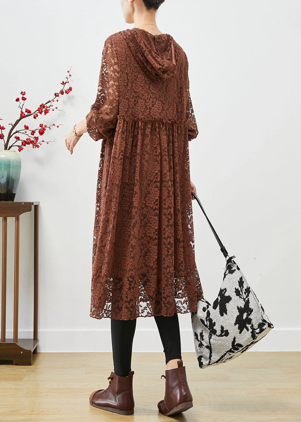 Elegant Coffee Hooded Ruffled Lace Dresses Fall - Image 4