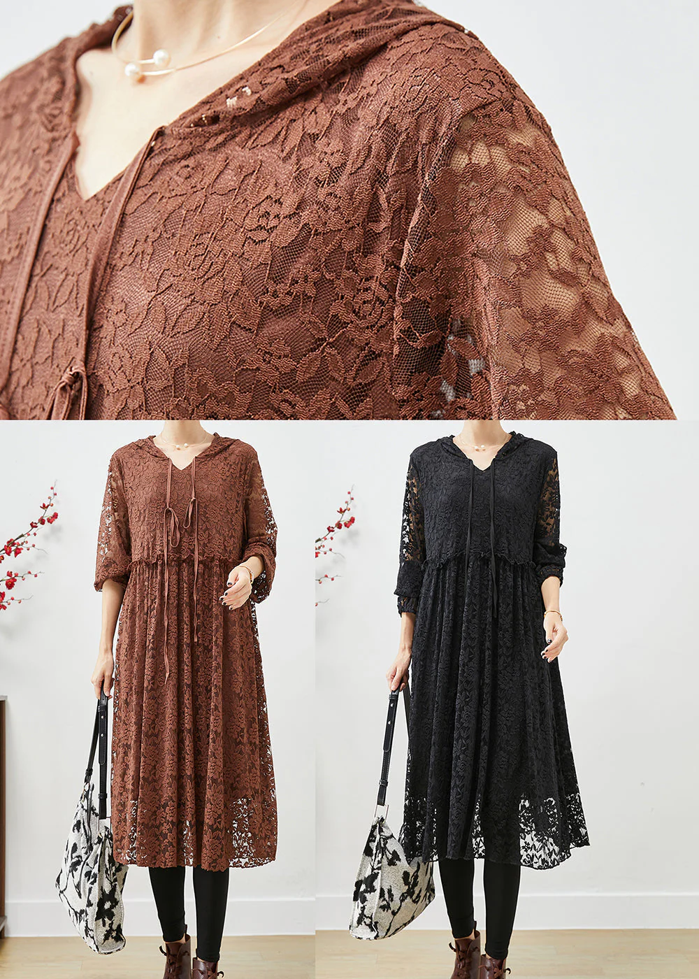 Elegant Coffee Hooded Ruffled Lace Dresses Fall - Image 5