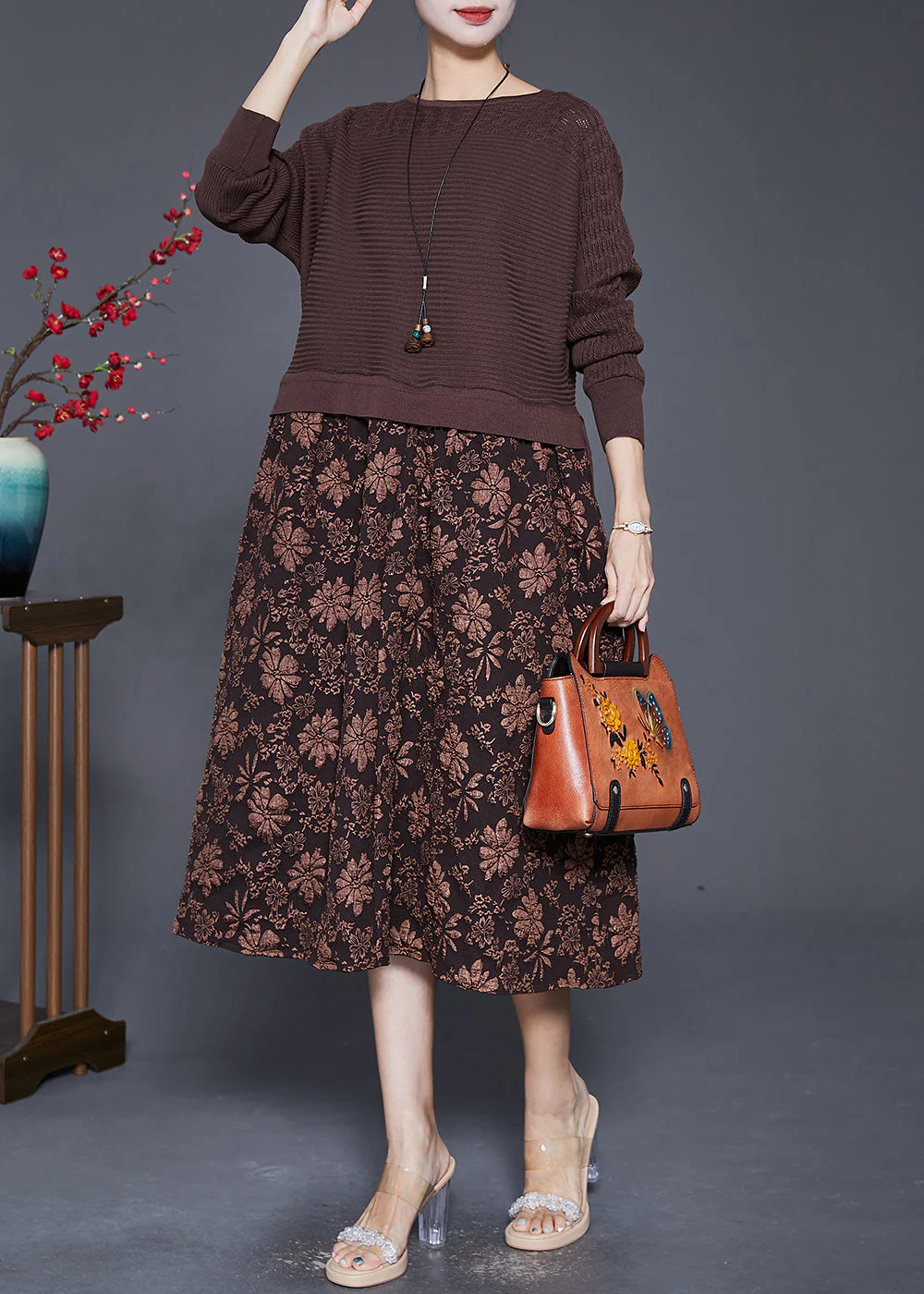 Elegant Coffee Jacquard Patchwork Knit Maxi Dresses Fall - Image 2