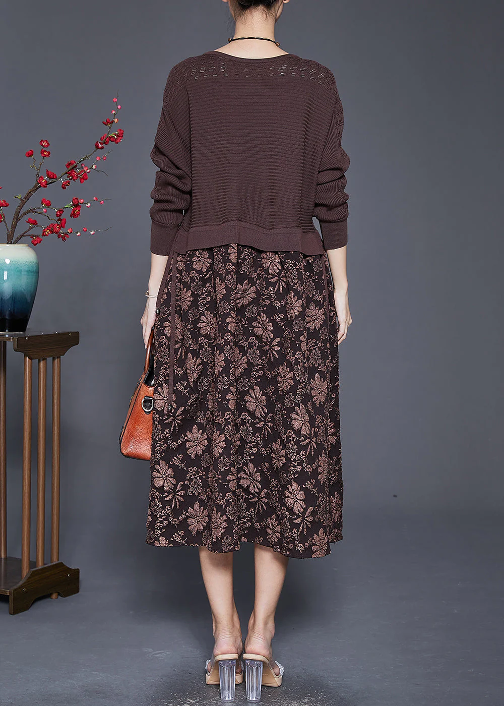 Elegant Coffee Jacquard Patchwork Knit Maxi Dresses Fall - Image 4