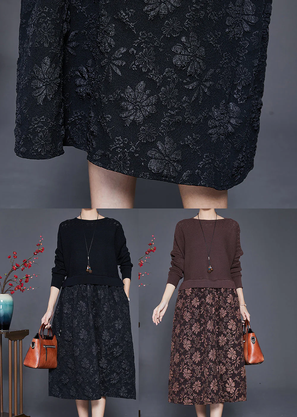 Elegant Coffee Jacquard Patchwork Knit Maxi Dresses Fall - Image 5